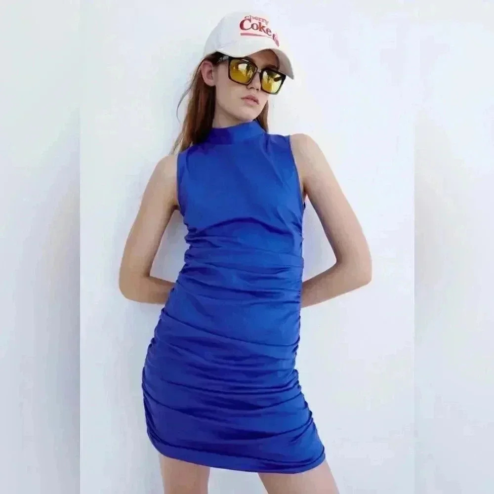NWT  ZARA BLUE STRETCH RUCHED DRESS XS